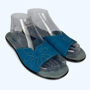 Clarks Women's 7.5M Blue Sandals Leather Slides Vintage 04' Floral RN 70014